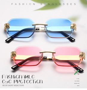 Close-up of rimless rimless sunglasses showing blue light rejection and gold metal temples