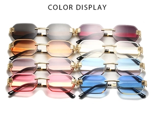 Detailed color display of rimless octagonal sunglasses with gold metal temples