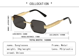 Detailed dimension chart for frameless polygonal sunglasses with gold metal temples