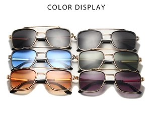 Detailed color display of vintage square aviator sunglasses with double bridge metal frames