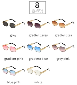 Detail view of 8 rimless polygon sunglasses with engraved gold temples and varied lens colors