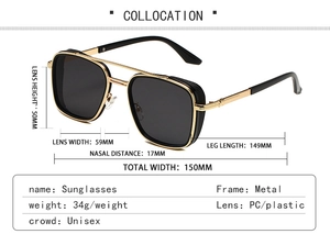 Detailed size chart of vintage pilot sunglasses with double bridge metal frame dimensions