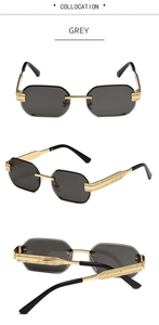 Macro view of rimless grey sunglasses with detailed vintage engraving on golden temples