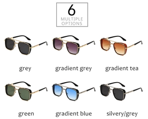 Detail view of double-bridge aviator sunglasses in six colors with side shield metal frames