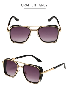 Detail view of double-bridge square sunglasses with gradient grey lenses and metal frame