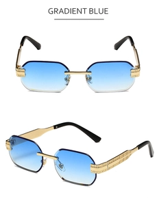 Detailed view of rimless polygon sunglasses with gradient blue lenses and gold temples