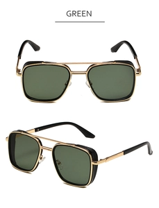 Detail of double-bridge sunglasses featuring side mesh shields and dark green lenses