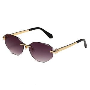 Rimless geometric sunglasses with purple gradient lenses and gold panther head detail