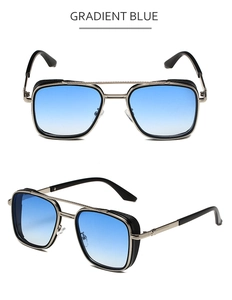 Front and side views of square double-bridge sunglasses with gradient blue lenses