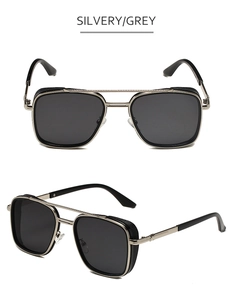Detail view of silvery double bridge sunglasses with grey lenses and vintage square frame