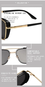 Detail of durable hinges and ergonomic golden metal temples on square frame sunglasses