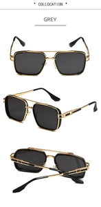 Detailansicht der grauen Punk-Sonnenbrille mit goldenem Rahmen und hohlem Bügel-Design