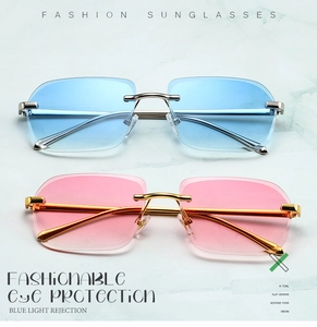 Détail de lunettes de soleil carrées sans monture avec branches en métal et verres dégradés