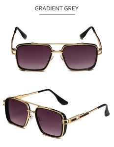 Detailsicht der quadratischen Metall-Sonnenbrille mit grauen Verlaufsgläsern und Doppelsteg