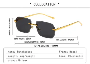 Guide des tailles pour lunettes de soleil carrées sans monture avec branches en métal
