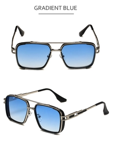 Detailaufnahme der eckigen Metall-Sonnenbrille mit Doppelsteg und blauen Gläsern