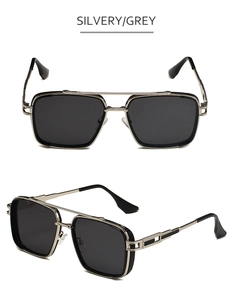 Detailsicht der silbernen quadratischen Sonnenbrille mit Doppelsteg und Punk-Design
