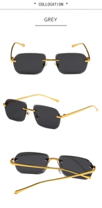 Détails de lunettes de soleil carrées sans monture avec pont doré et verres dégradés gris