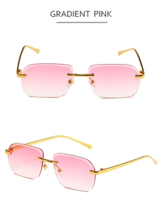 Vue détaillée de lunettes de soleil rectangulaires sans monture avec verres roses dégradés