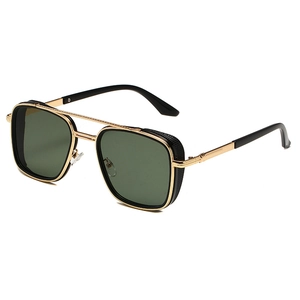 Retro square double bridge sunglasses with green lenses and gold metal side shields
