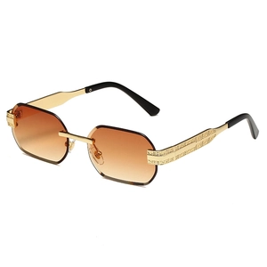 Fashion rimless hexagonal sunglasses with gradient brown lenses and gold metal temples