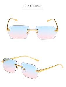 Détail de lunettes de soleil carrées sans monture avec cadre en métal doré et verres dégradés