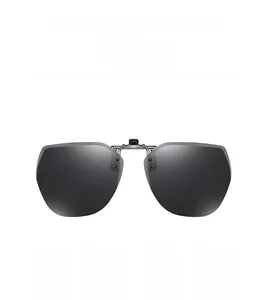 Close-up of polarized clip-on sunglasses with spring bridge for nearsighted glasses