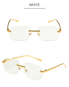 Détails de lunettes de soleil carrées sans monture avec branches en métal doré
