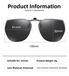 Polarized clip-on sunglasses detail with 8g lightweight design and precise measurements