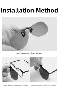 Three-step guide for mounting polarized flip-up square sunglasses onto prescription glasses