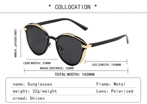 Detailed size specifications for polarized metal sunglasses showing dimensions and weight