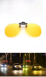 Macro detail of yellow polarized night vision clip-on lenses with anti-glare metal clip