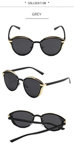 Three-view detail of cat-eye polarized sunglasses with black frames and gold metal trim
