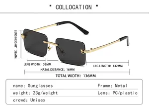 Detailed size chart for rimless metal sunglasses with lens width and frame dimensions