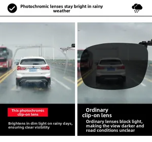 Polarized clip-on sunglasses detail showing low-light brightening effect for driving