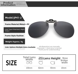 Detailed size chart for polarized square clip-on sunglasses showing exact measurements
