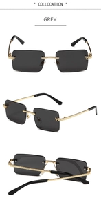 Detail view of rimless rectangle grey sunglasses with textured gold metal temples