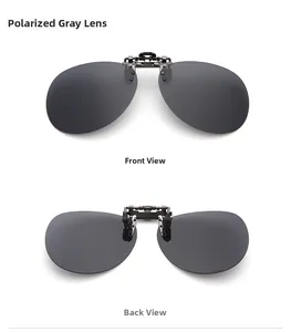 Front and back view of polarized square grey clip-on sunglasses with metal clip detail