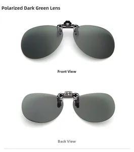 Front and back views of polarized dark green square clip-on sunglasses for men