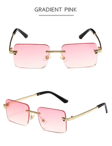Detail of leopard head sunglasses with gradient pink lenses and textured gold metal temples