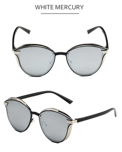 Detailed front and side view of black cat-eye sunglasses with white mercury lenses