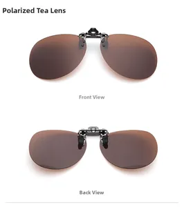 Front and back detail of brown polarized clip-on sunglasses with metal attachment mechanism