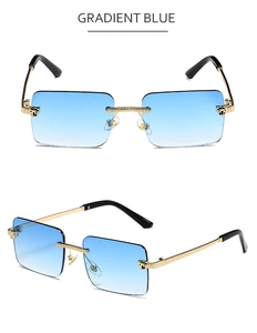 Detail of rimless rectangle sunglasses featuring gradient blue lenses and golden temples