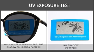 Polarized lens comparison showing glare reduction and hidden pattern detail on test card