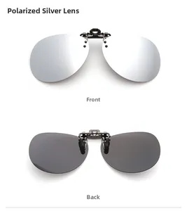 Detailed front and back view of silver polarized square clip-on flip-up sunglasses