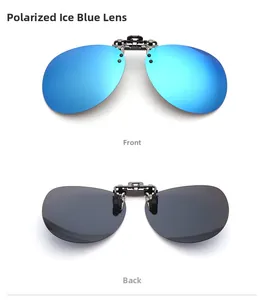 Front and back detail of polarized ice blue flip-up clip-on square sunglasses lenses
