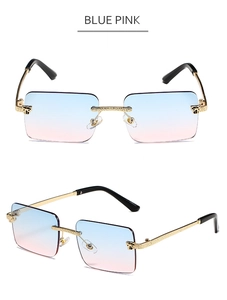 Detail of rimless rectangle sunglasses featuring blue-pink gradient lenses and gold metal frames