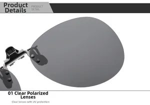 Macro shot of polarized grey lenses with a black flip-up clip mechanism for glasses