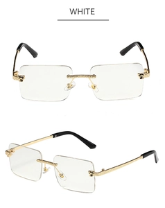 Detailed views of rimless rectangular sunglasses with gold leopard head metal arms