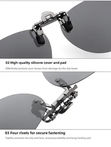Close-up of polarized clip-on sunglasses featuring silicone pads and four-rivet metal clip